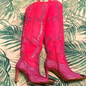 Size 10 used  Gianni beanie, pink rhinestone, knee-high, heeled silver toe boots